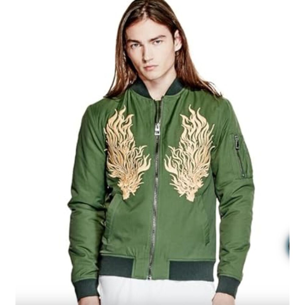 Guess Men's Explorer‎ Hunter Green Dragon Embroidered Bomber Jacket M Streetwear